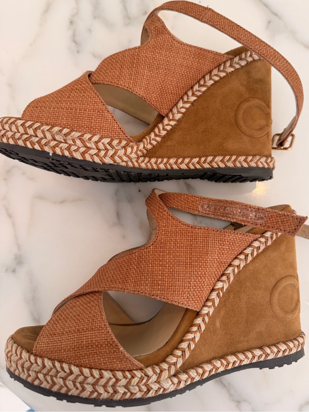 Jimmy Choo Coral-Tan Woven Espadrille Wedge Sandals
